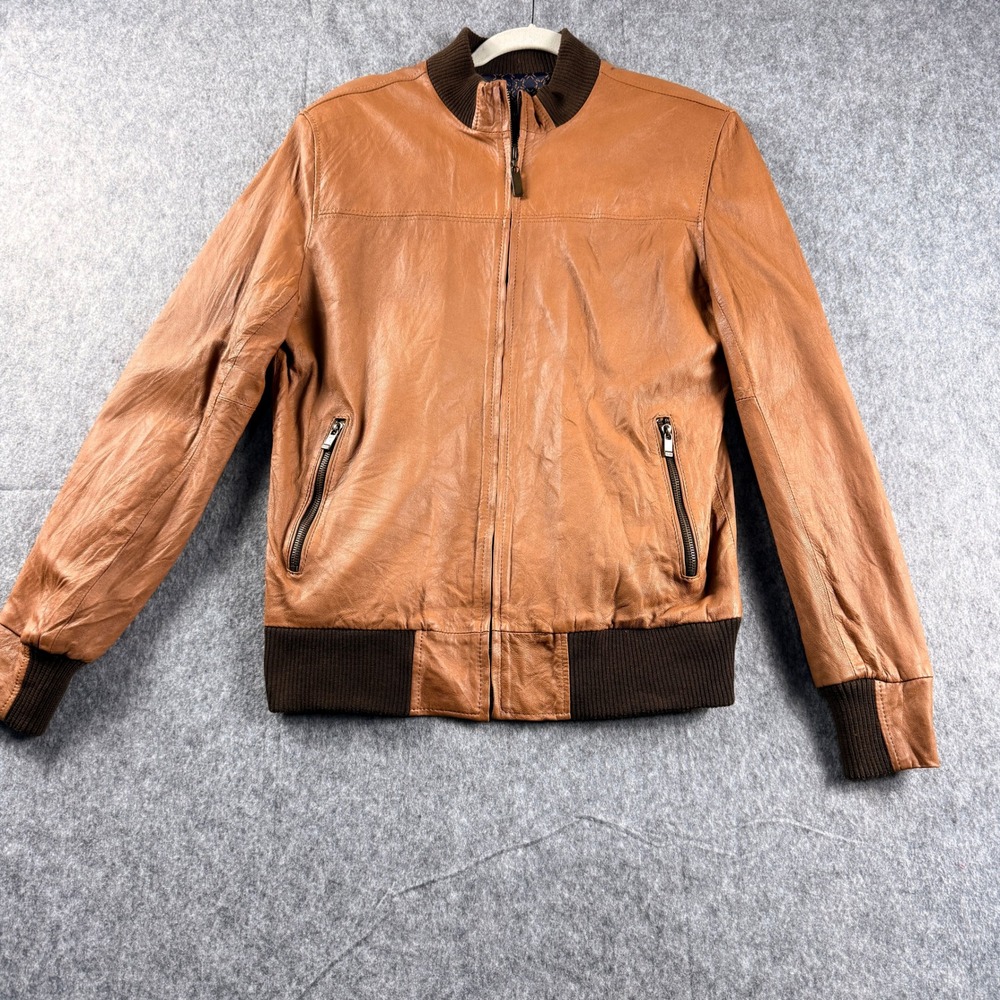 Mario Hernandez Leather Bomber Jacket Tan Brown Mens SZ 40 Zip Front Ribbed Trim - Picture 2 of 16